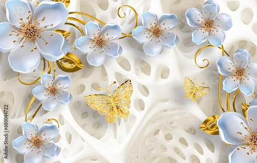 3D wallpaper and butterfly blue flower 3d background for interior