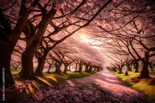 A peaceful grove of cherry blossoms, the delicate pink petals bathed in the warm glow of the evening sun