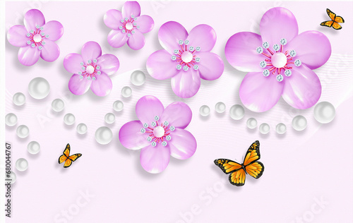 3D Purple flower and cool design with pearls, butterfly amazing wallpaper