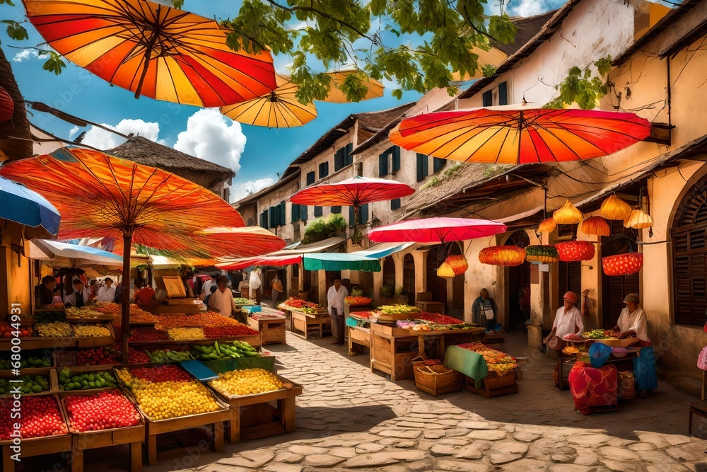 A village square adorned with vibrant umbrellas, creating a colorful canopy over market stalls selling fresh produce and handmade crafts.