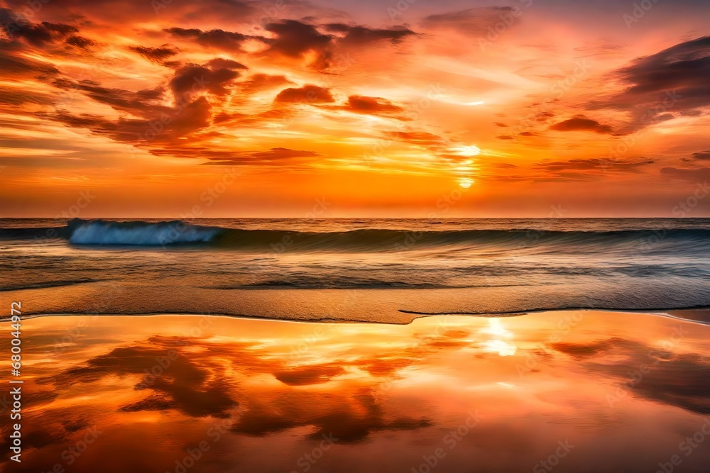 A peaceful seascape at sunset, with the sky painted in warm tones and the sea reflecting the stunning colors, creating a harmonious and serene setting