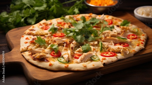 Thai Chicken Pizza with a sprinkle of chopped cilantro and lime wedges, enhancing its presentation.
