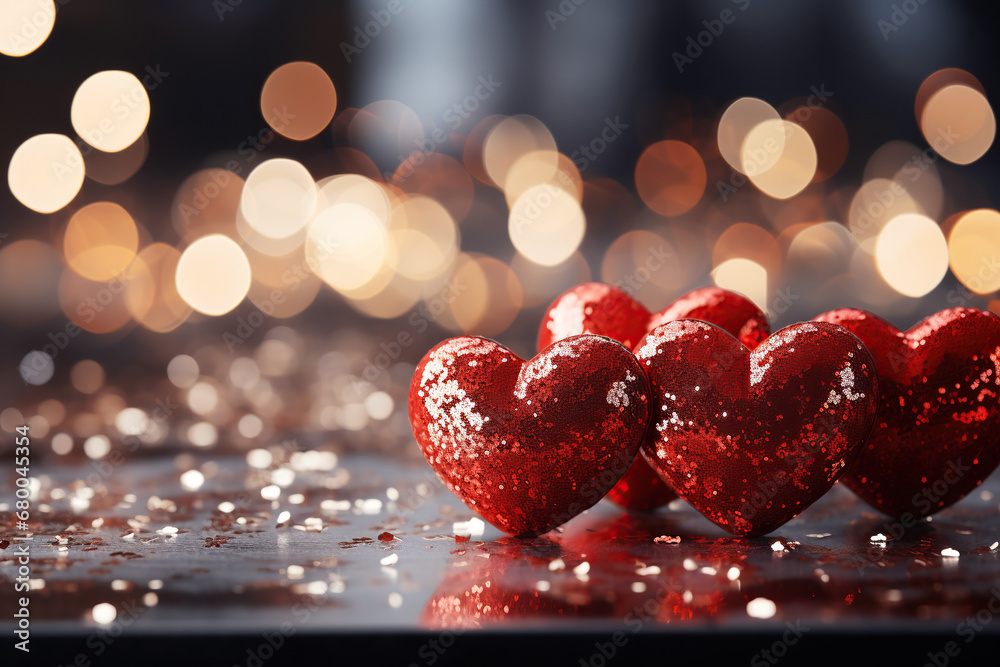red voluminous hearts on festive background with glitter for a holiday card for the celebration of Valentine's day red voluminous hearts on festive background with glitter for a holiday card for the celebration of Valentine's day