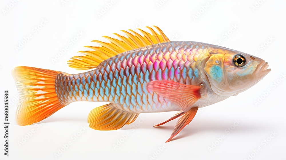 A lone goldfish swimming underwater against a stark white background, generative ai
