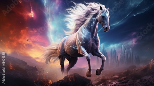 a cosmic phenomenon where the amazing forest horse gallops amidst swirling nebulae and celestial wonders.