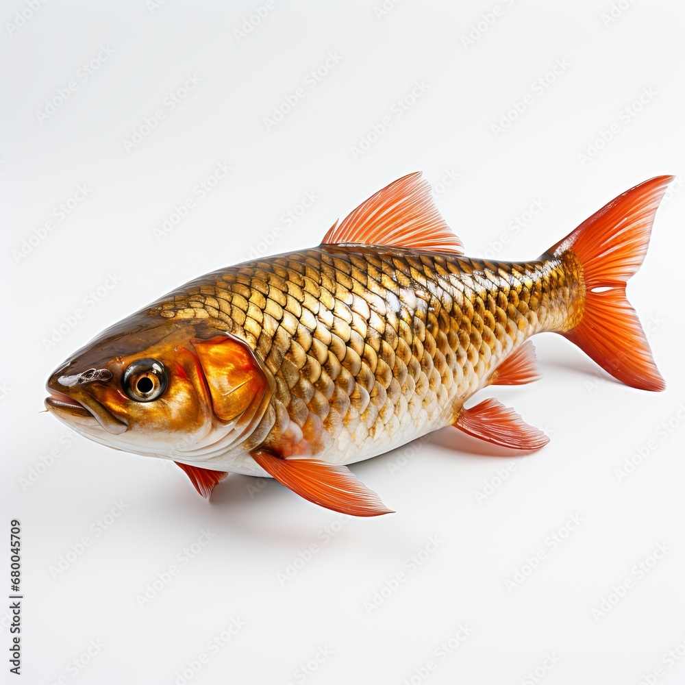A lone goldfish swimming underwater against a stark white background, generative ai A lone goldfish swimming underwater against a stark white background, generative ai