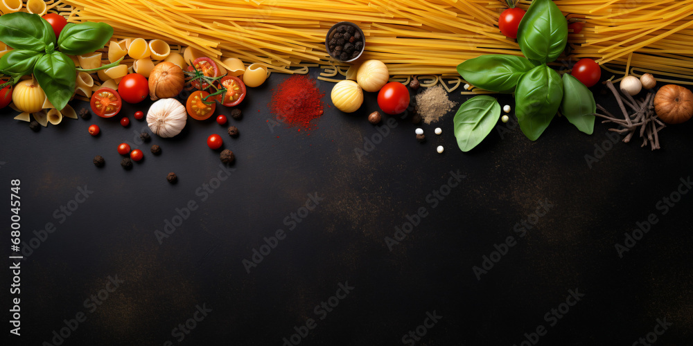 Naklejka premium Different kinds of pasta on black chalkboard. Menu background with free text space. Top view