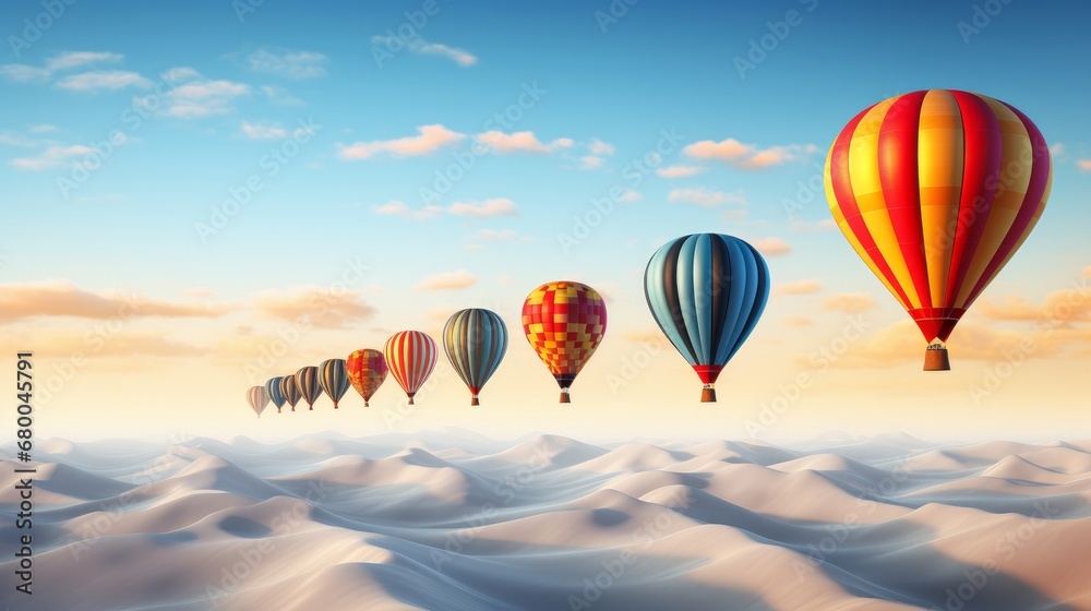 Fototapeta premium Symbolic representation of business competition and success illustrated by a fleet of hot air balloons vying for the top spot, with an individual leader outpacing others to win the race
