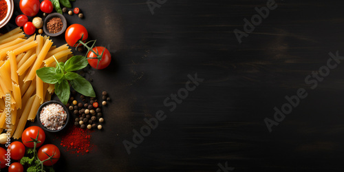Different kinds of pasta on black chalkboard. Menu background with free text space. Top view