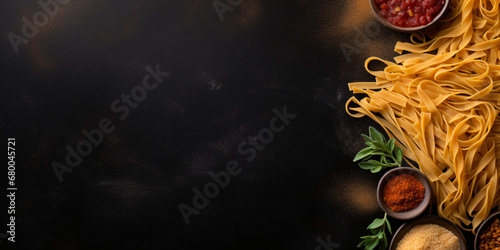 Different kinds of pasta on black chalkboard. Menu background with free text space. Top view photo