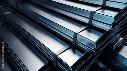 Stacked aluminum and steel profiles forming an industrial abstract background. 3D rendering of metalware for construction and engineering photo