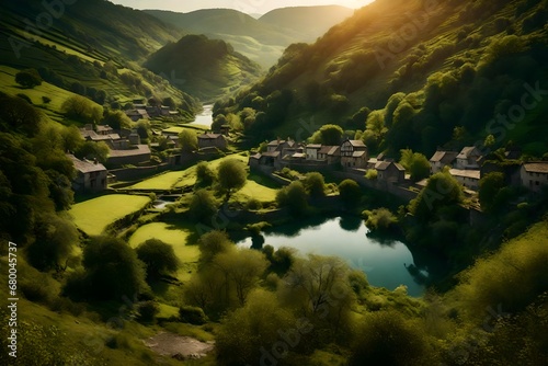 A village nestled in a valley  with a meandering river cutting through the landscape and reflecting the surrounding hills and trees.