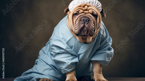 Portrait of a shar pie dog dressed in medical scrubs