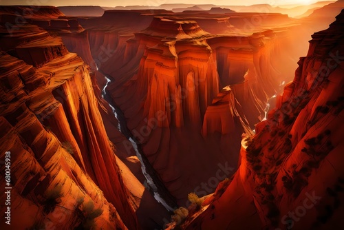 A breathtaking canyon with jagged cliffs, the warm colors of the setting sun casting shadows and highlights
