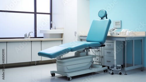 Clinical examination room setup featuring an examination table surrounded by various medical tools and equipment