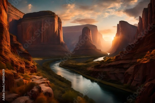 A serene river winding through a canyon, surrounded by towering cliffs, with the last light of day casting a magical glow