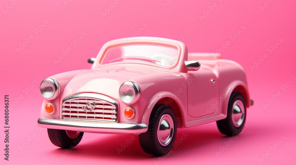 A Vintage Pink Toy Car Against a Monochromatic Background, generative ai
