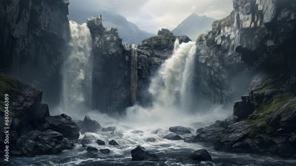 Powerful waterfall on rocky cliff