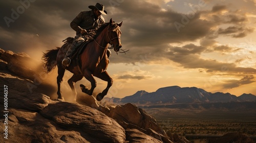 A cowboy's incredible mastery of horse riding is on full display as he gracefully navigates challenging terrain.