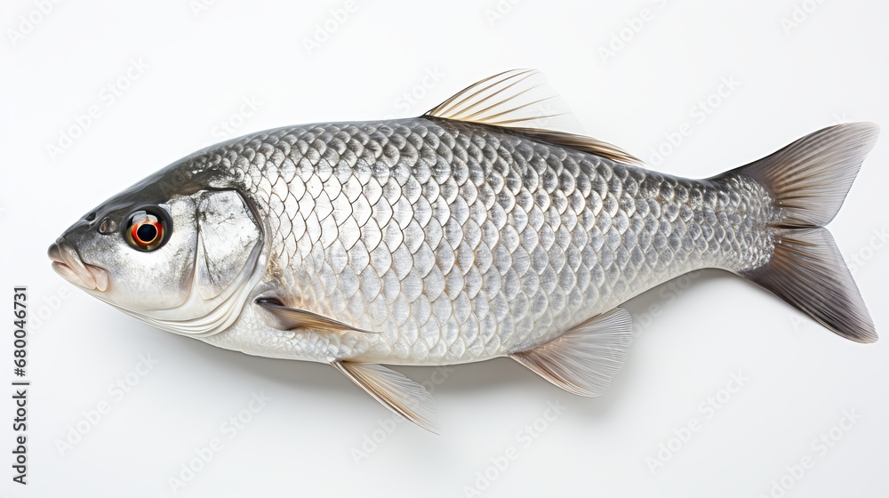 A Lone Goldfish Gleams Against a Pristine White Background, generative ai A Lone Goldfish Gleams Against a Pristine White Background, generative ai