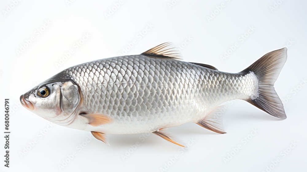 A Lone Goldfish Gleams Against a Pristine White Background, generative ai