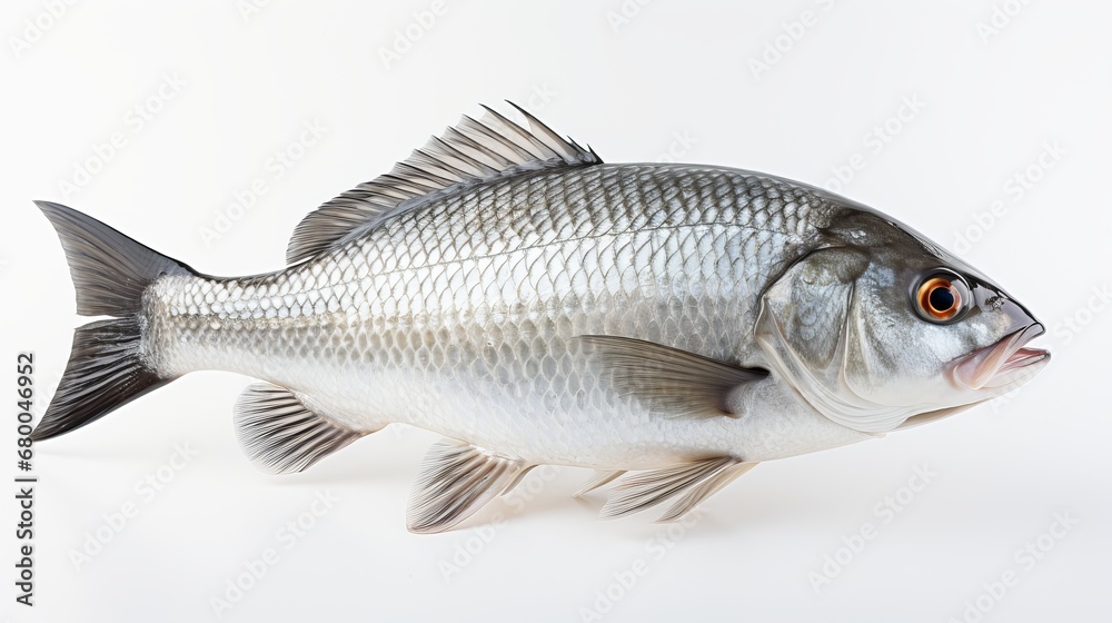 Fototapeta premium A Lone Goldfish Gleams Against a Pristine White Background, generative ai