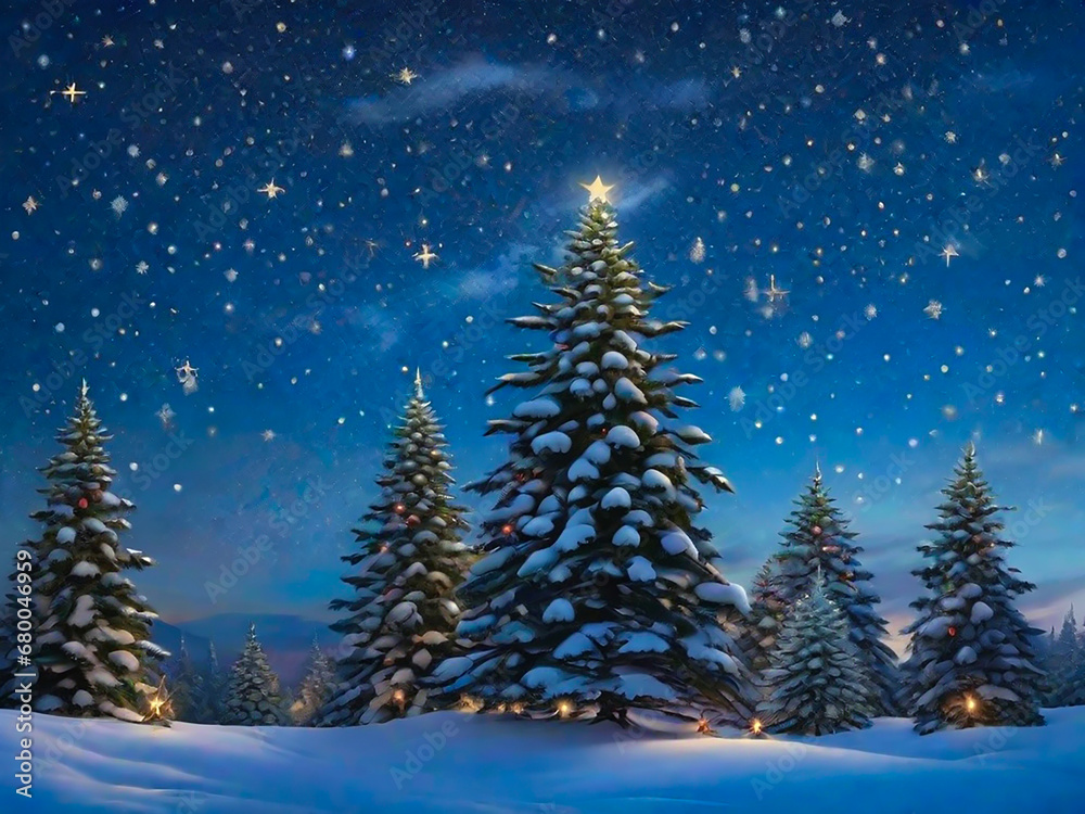 もみの木に積もる雪と星空