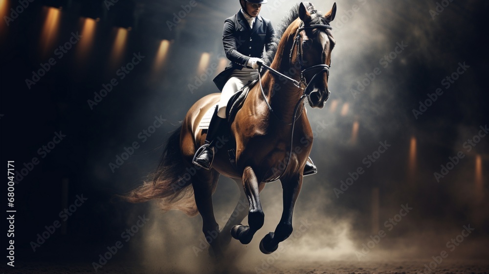 A dynamic image of a dressage rider executing a perfect half-pass on a stunning horse. - obrazy, fototapety, plakaty 