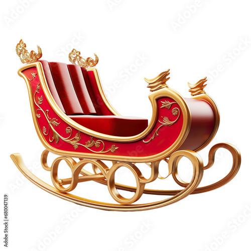 Side view of Christmas Empty Santa sleigh - red and golden isolated on transparent background. photo
