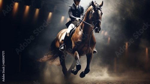 A dynamic image of a dressage rider executing a perfect half-pass on a stunning horse. photo