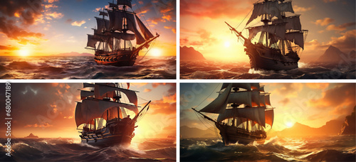 sea ship water ocean boat sailboat nautical vessel pirate sky transportation travel sail old cruise 