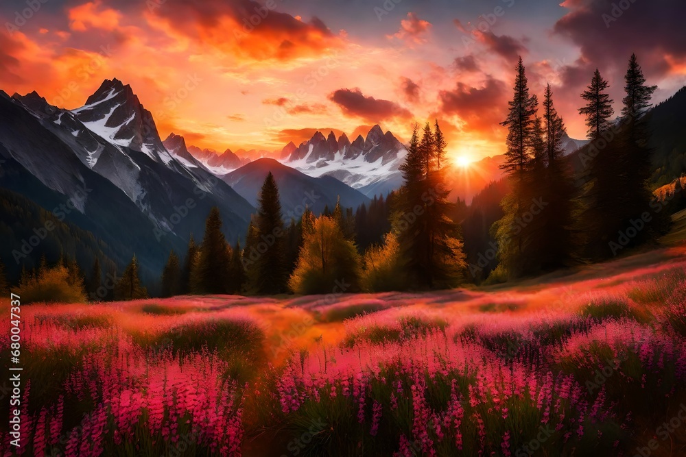 A serene alpine meadow surrounded by towering peaks, the evening sky ablaze with the colors of a breathtaking sunset - obrazy, fototapety, plakaty 