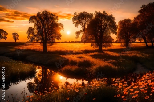 The sun setting behind a cluster of trees, casting long shadows over a field of wildflowers, with a tranquil river reflecting the warm colors of the evening sky.