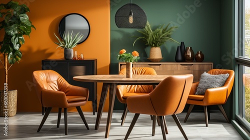 Vibrant Orange Chairs Pop Against Green Walls in a Modern Dining Room  generative ai