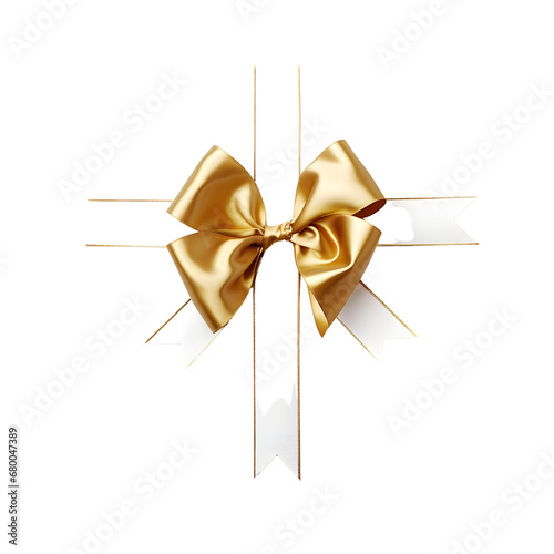 Elegant gold satin ribbon bow for a gift isolated on white.
