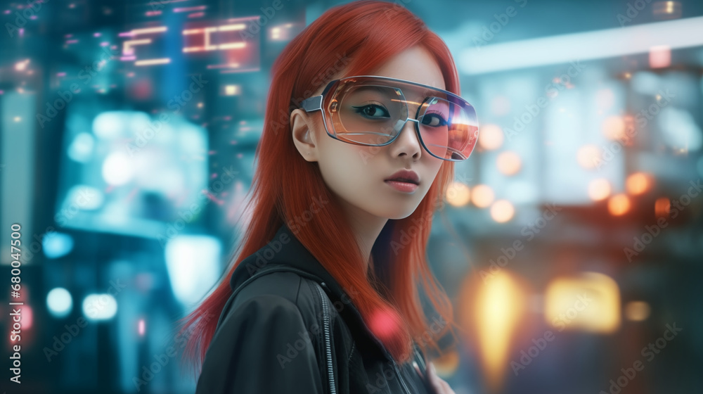 Oriental girl futuristic red hair, hologram and technology Oriental girl futuristic red hair, hologram and technology