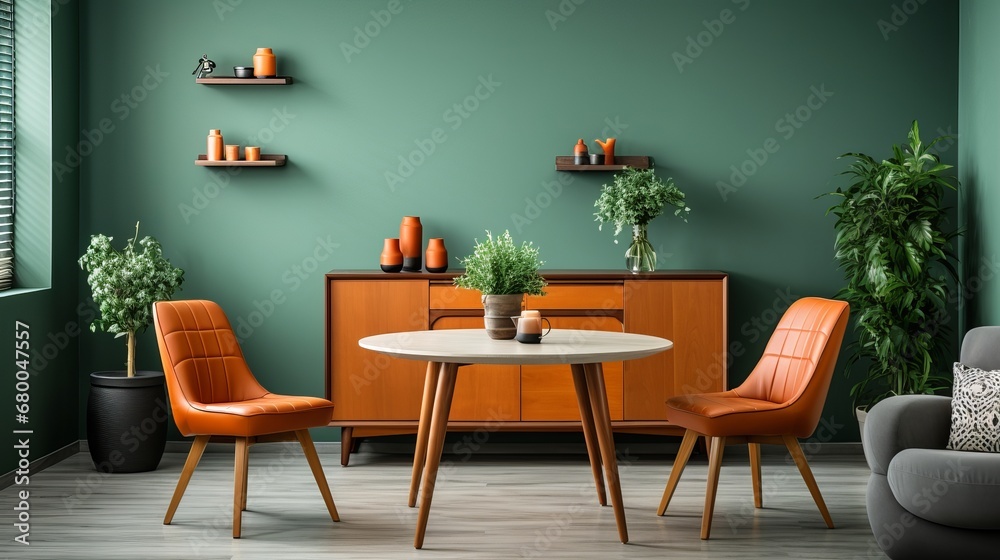 Vibrant Orange Chairs Pop Against Green Walls in a Modern Dining Room, generative ai Vibrant Orange Chairs Pop Against Green Walls in a Modern Dining Room, generative ai
