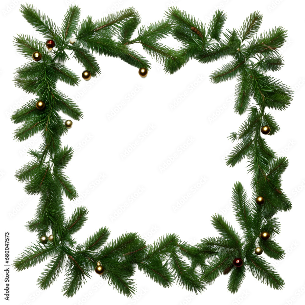 Green christmas tree branches, fir tree wreath frame with pine cones and tinsel