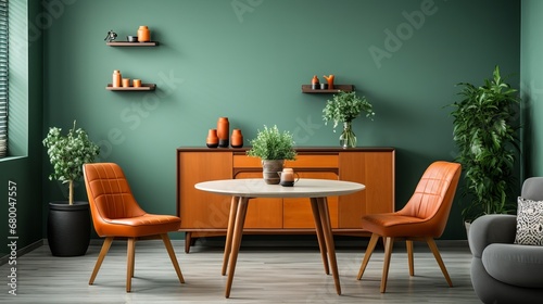 Vibrant Orange Chairs Pop Against Green Walls in a Modern Dining Room  generative ai