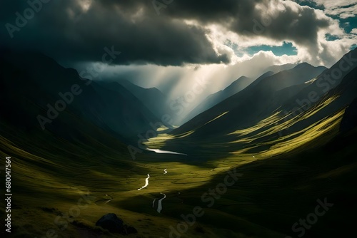 An expansive mountain valley, bathed in the beauty of rain, with the rainclouds casting shadows on the vast terrain. The play of light and shadow adds drama to this picturesque scene.