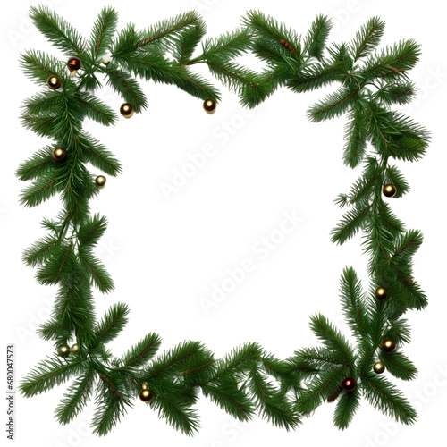 Green christmas tree branches  fir tree wreath frame with pine cones and tinsel