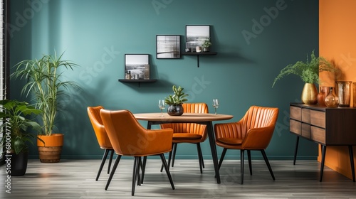 Vibrant Orange Chairs Pop Against Green Walls in a Modern Dining Room  generative ai