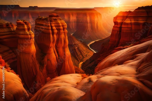 A picturesque canyon with layered rock formations, glowing in the warm tones of the setting sun