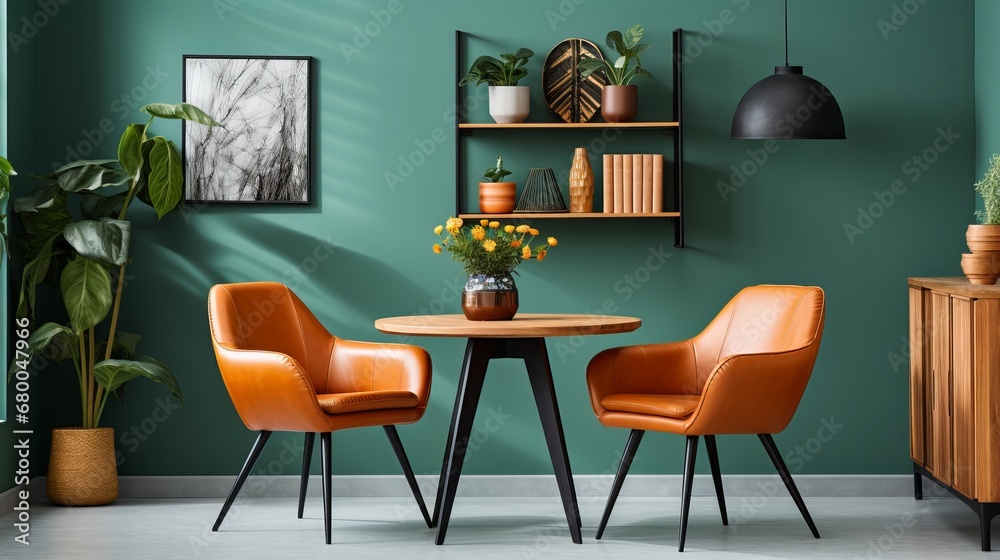 Vibrant Orange Chairs Pop Against Green Walls in a Modern Dining Room, generative ai Vibrant Orange Chairs Pop Against Green Walls in a Modern Dining Room, generative ai