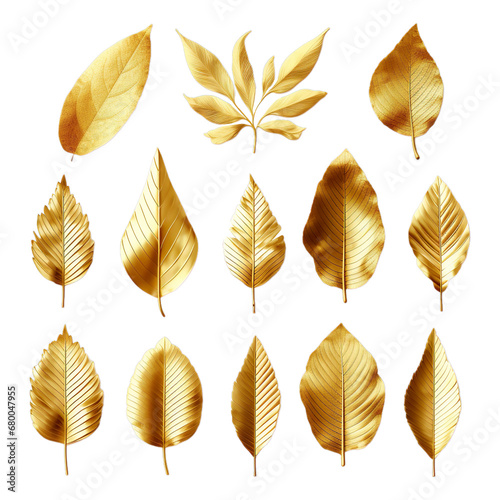 Set of different apart gold leaves. Christmas decoration isolated on transparent background. photo