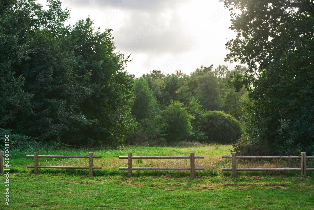 Wooden fence barrier at farm grounds for cattle and territory protection