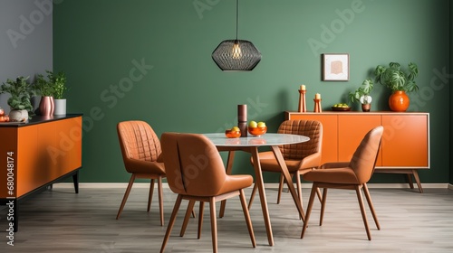 Vibrant Orange Chairs Pop Against Green Walls in a Modern Dining Room, generative ai © myAstock