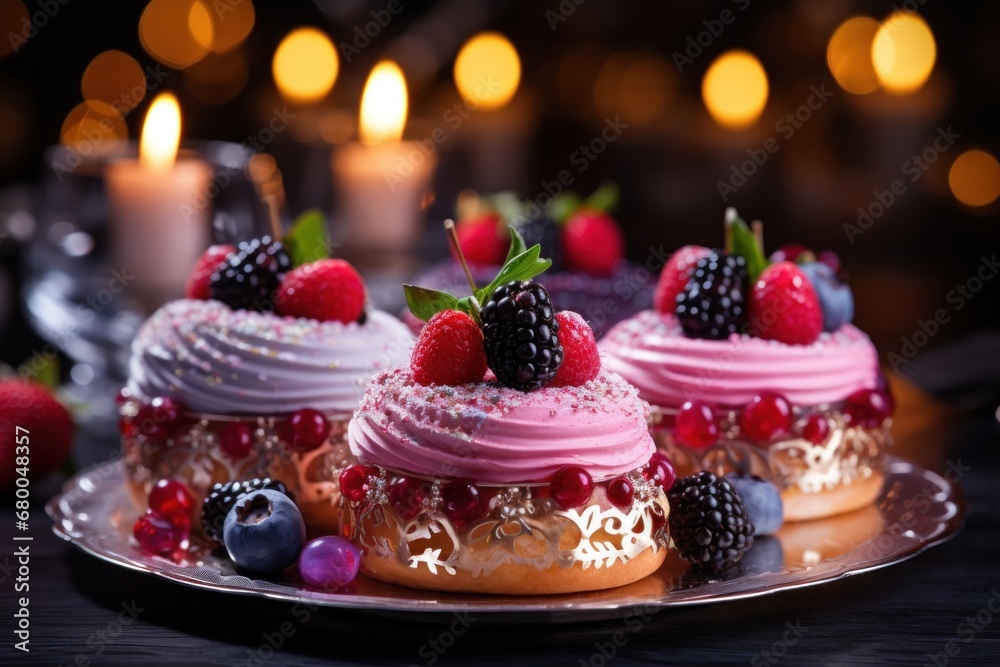 a photo of delectable petit cakes adorned with romantic decorations a photo of delectable petit cakes adorned with romantic decorations