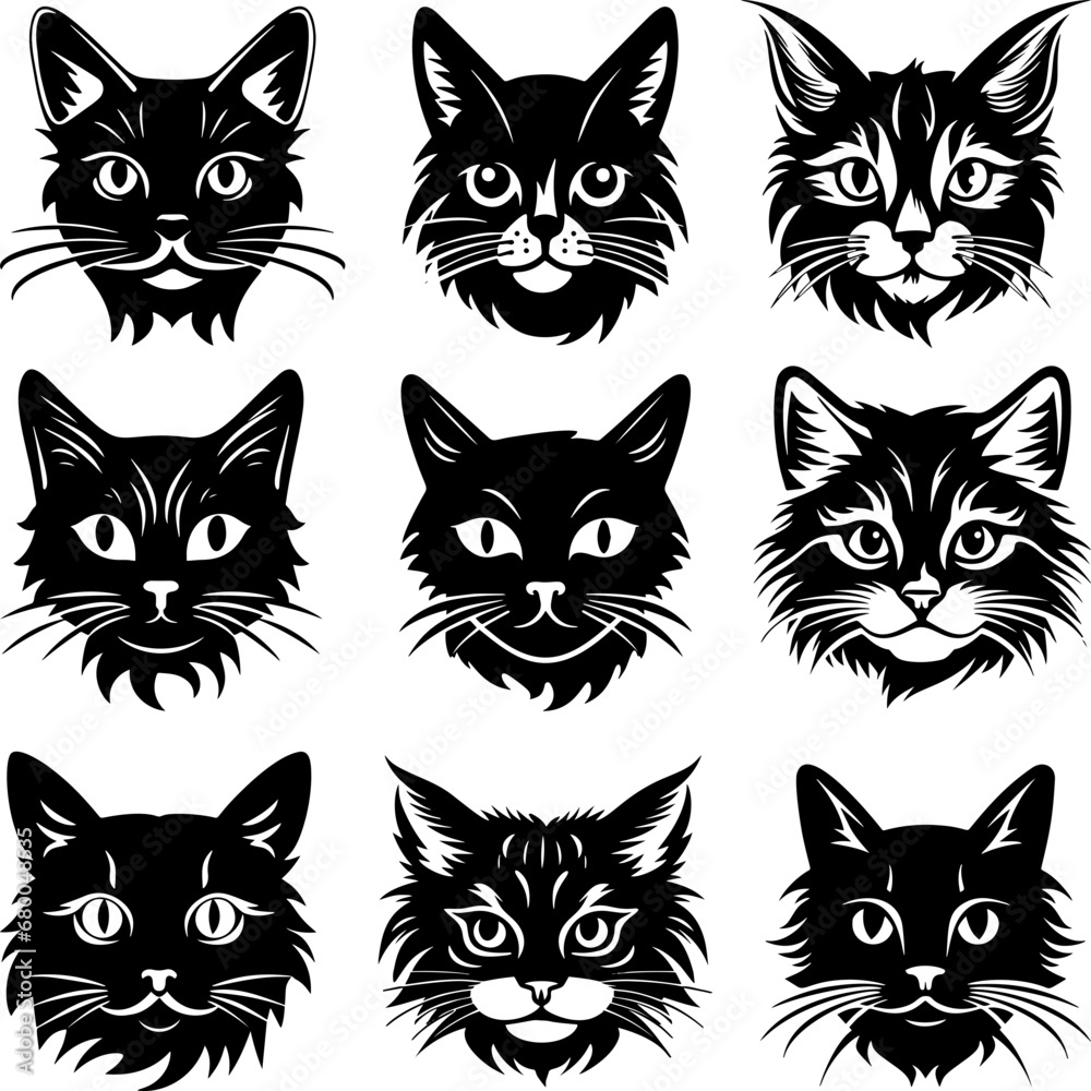 Cute cartoon cat doodle set, funny vector icons. Hand drawn sketch style of cat face symbols.