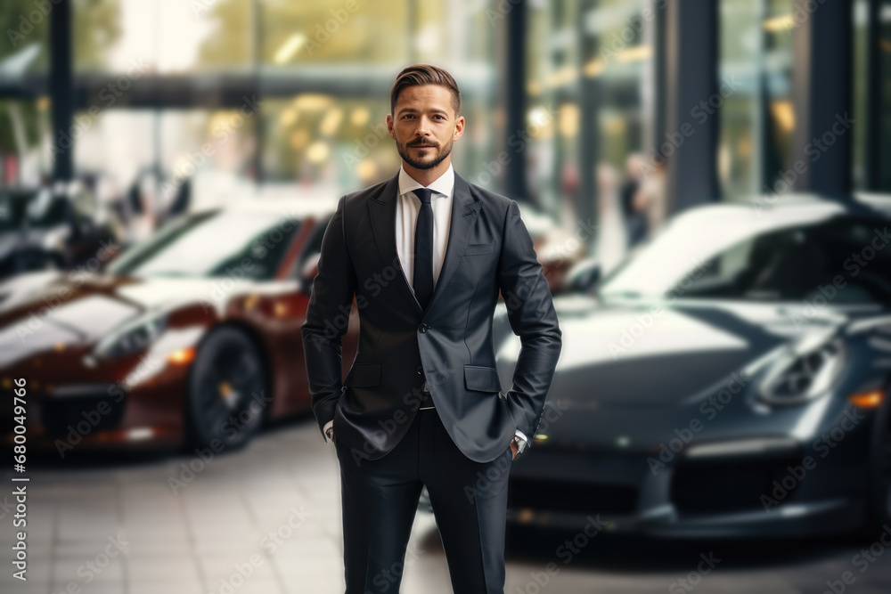 Businessman Stands Proudly In Front Of Luxurious Car